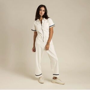 NWT Sendero Provisions Co. White Short-Sleeve Utility Jumpsuit with Navy Trim